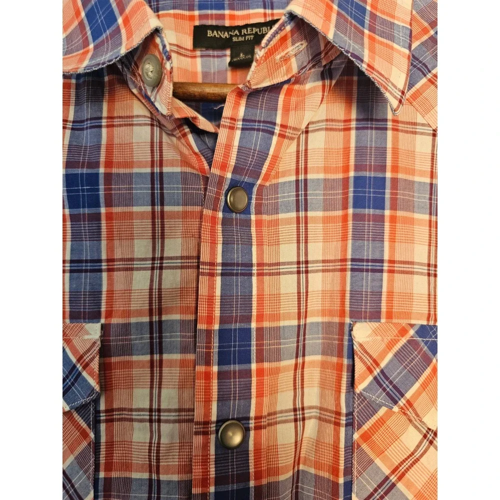 Western Banana Republic Plaid Shirt Mens Large Orange Blue Slim Fit Snap Front